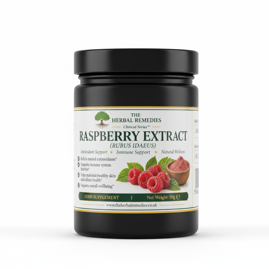 A 50g label for 'The Herbal Remedies Raspberry Extract' food supplement, featuring a white background with green and black text, a QR code, and a graphic of fresh raspberries and a spoonful of powder.