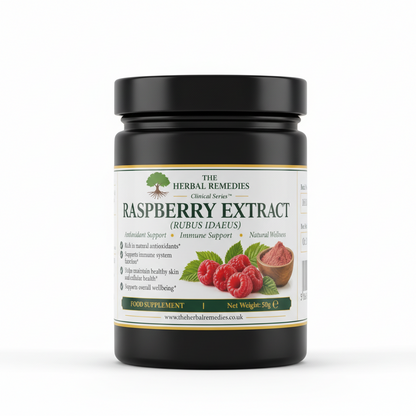 A 50g label for 'The Herbal Remedies Raspberry Extract' food supplement, featuring a white background with green and black text, a QR code, and a graphic of fresh raspberries and a spoonful of powder.