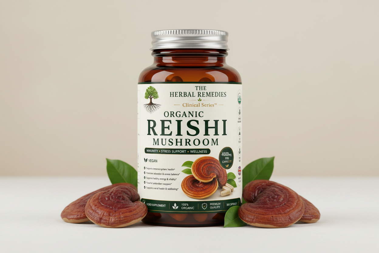 Label of Organic Reishi Mushroom supplement from The Herbal Remedies Clinical Series