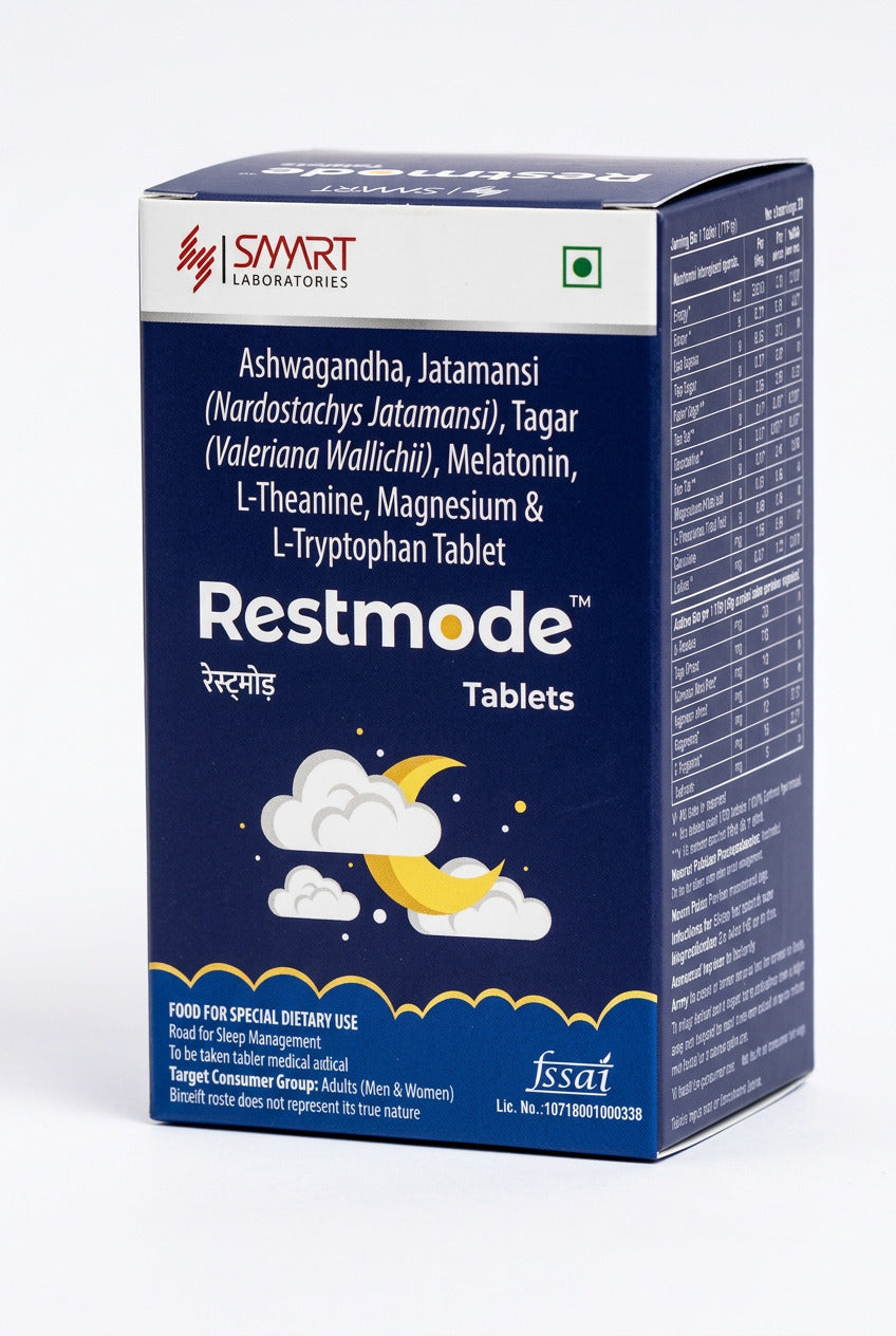 A box of Restmode Tablets by Smart Iconic Laboratories shown next to a product information card on a white background. The box is dark blue with white and yellow graphics, and the card highlights 'RESTMODE TABLET' and a price of '₥350/-'.
