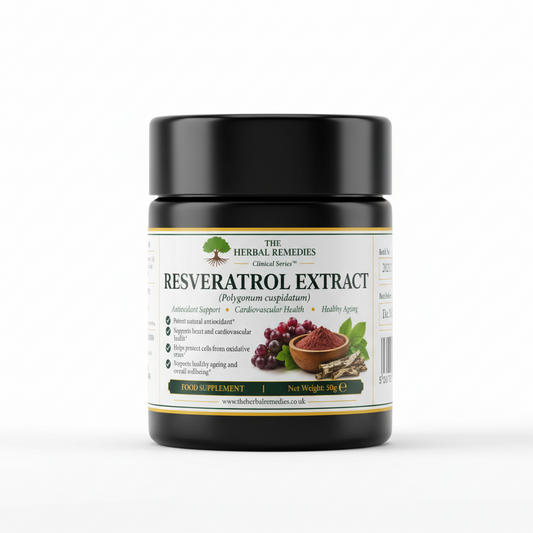 A rectangular product label for Herbal Remedies Resveratrol Extract, a polyphenol curcumin food supplement. The label features a white background with black text, a red and green herbal illustration, and a QR code on the left side.