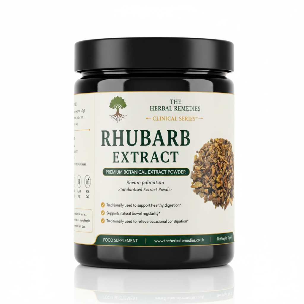 Label of Rhubarb Extract powder from The Herbal Remedies Clinical Series with ingredients and nutritional information.