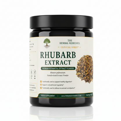 Label of Rhubarb Extract powder from The Herbal Remedies Clinical Series with ingredients and nutritional information.