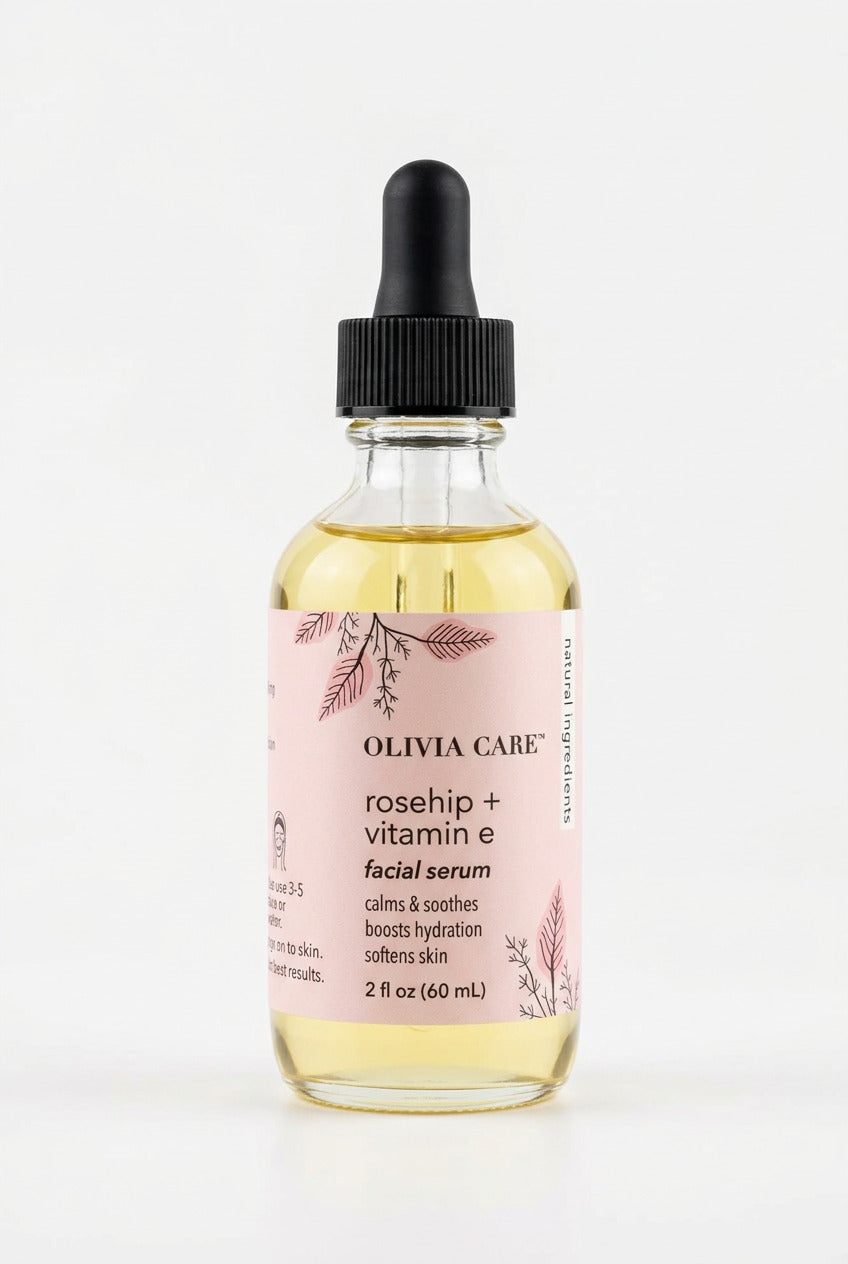 Olivia Care Rosehip + Vitamin E Facial Serum in a clear glass dropper bottle with a black cap and a light pink label, resting on a light wood surface.