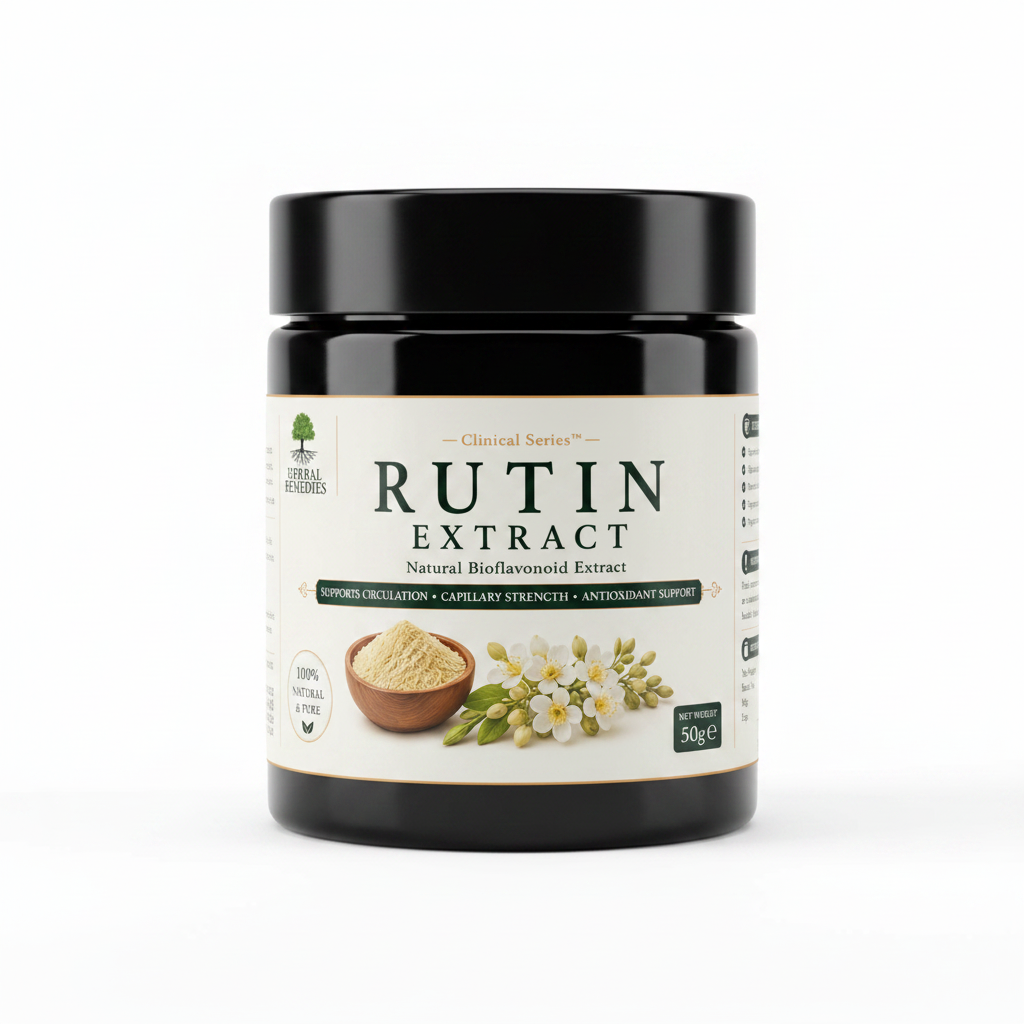 Label of Rutin Extract supplement from Herbal Remedies with text and graphics on a white background
