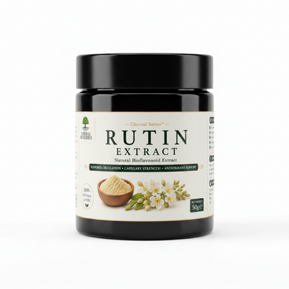 Label of Rutin Extract supplement from Herbal Remedies with text and graphics on a white background