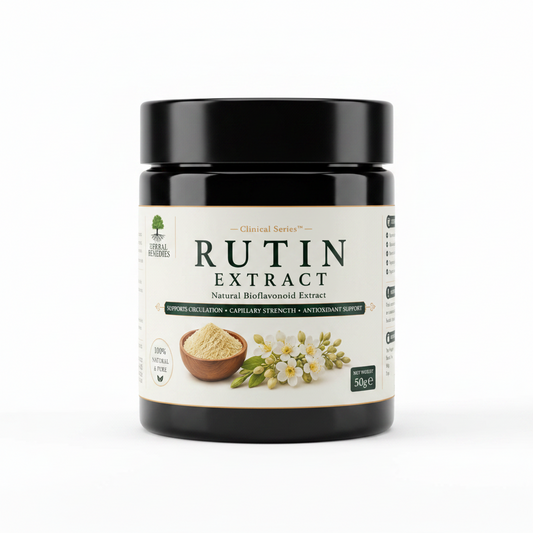 Label of Rutin Extract supplement from Herbal Remedies with text and graphics on a white background