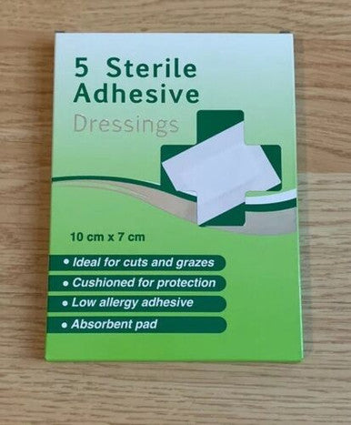 5 Sterile Adhesive Dressings - Low Allergy Adhesive - 10cm x 7cm