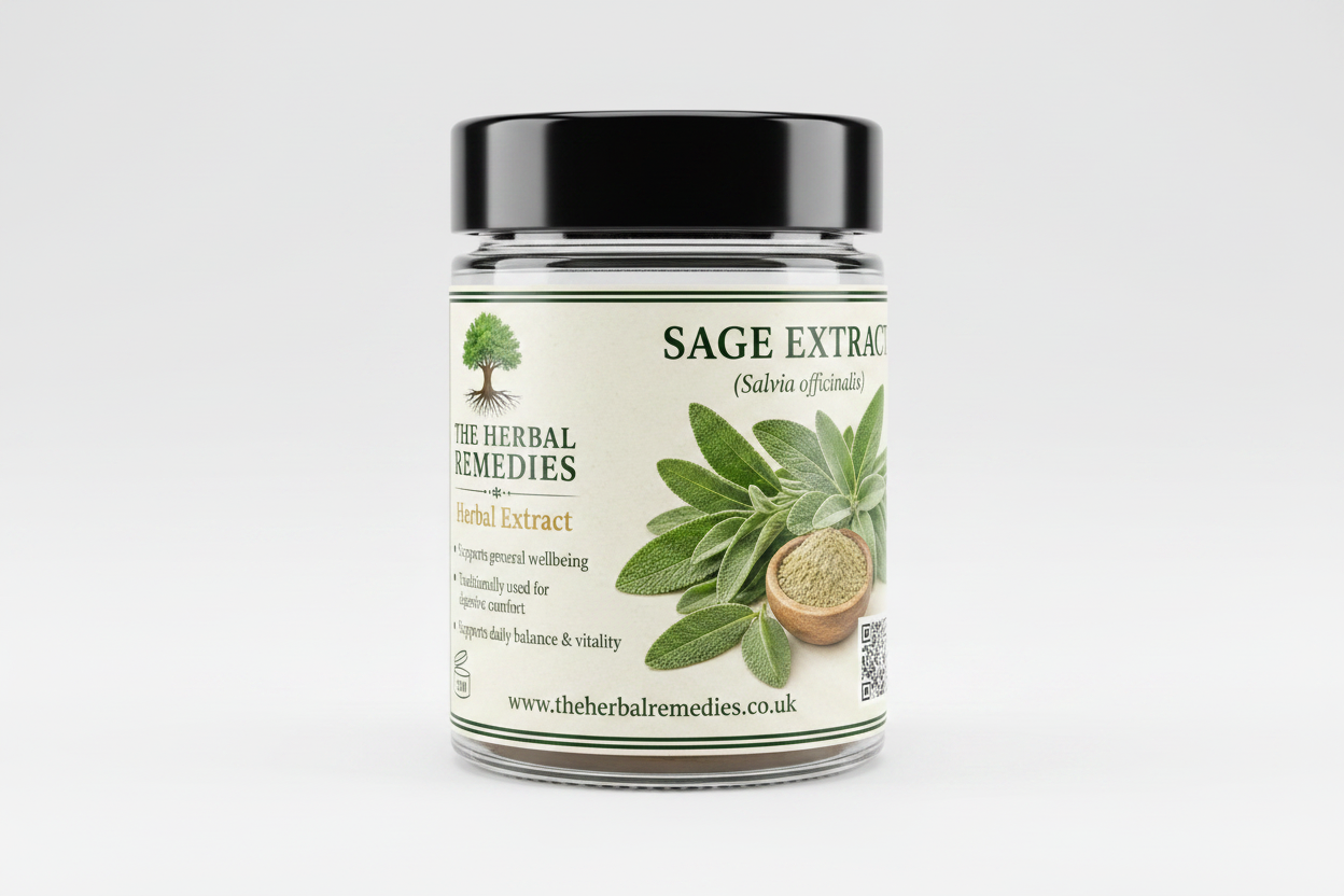 Sage extract product from The Herbal Remedies with leaves and powder in a bowl.