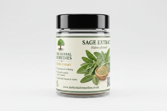 Sage extract product from The Herbal Remedies with leaves and powder in a bowl.
