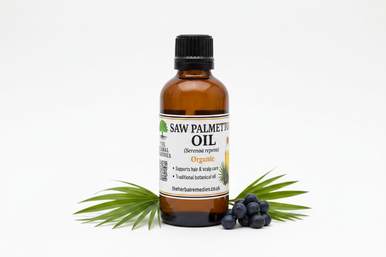 Saw Palmetto Oil by The Herbal Remedies, featuring a bottle of golden oil, a green tree logo, a QR code, and text noting organic and traditional botanical oil benefits.