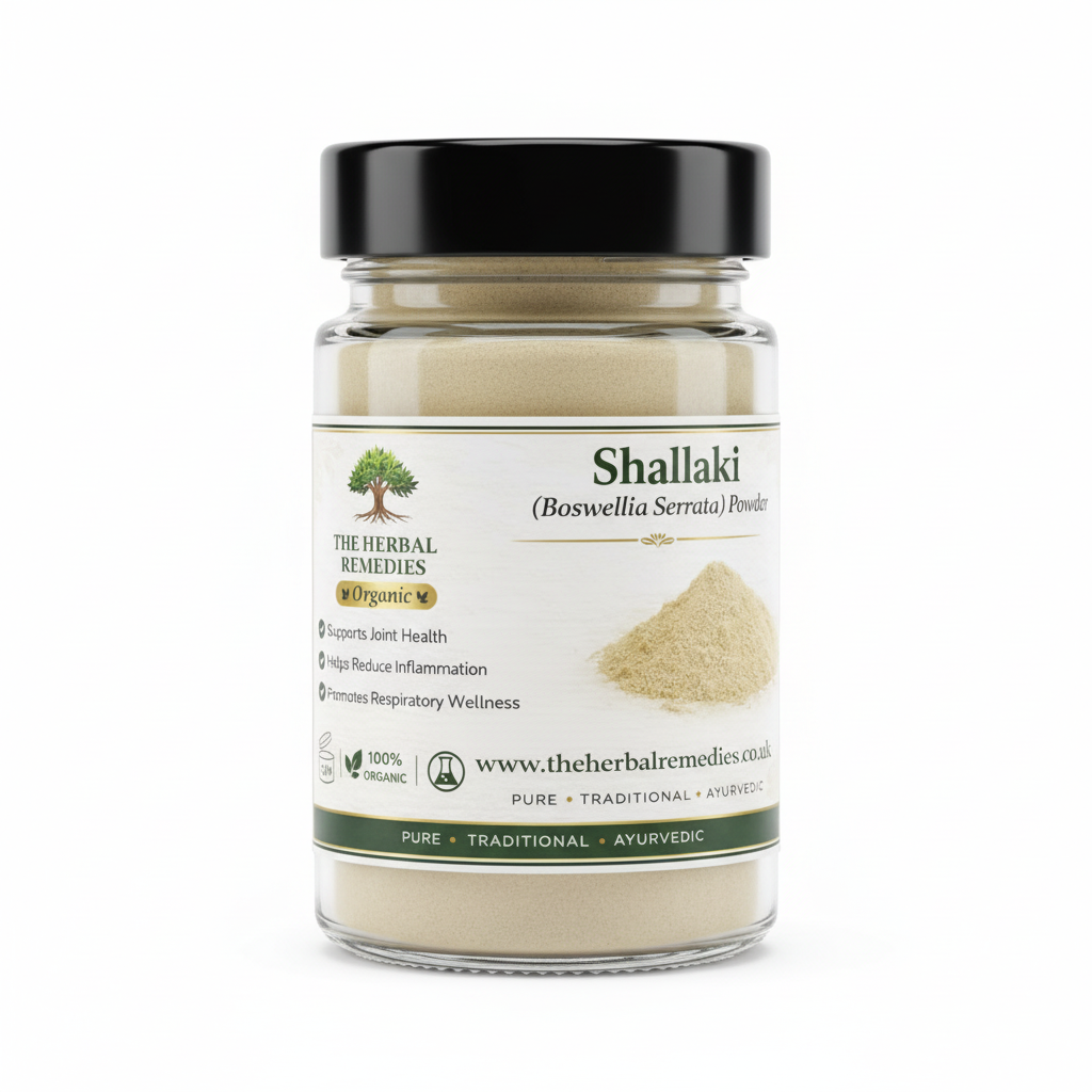 Shallaki powder packaging with text about health benefits and branding details.