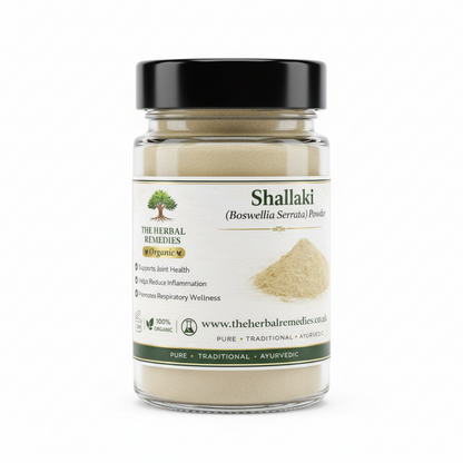 Shallaki powder packaging with text about health benefits and branding details.