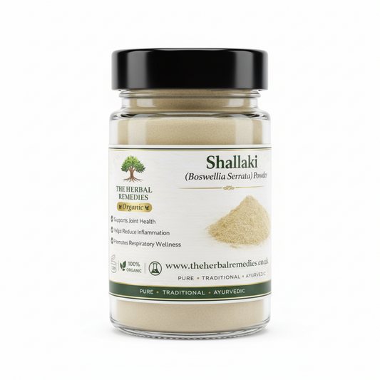 Shallaki powder packaging with text about health benefits and branding details.