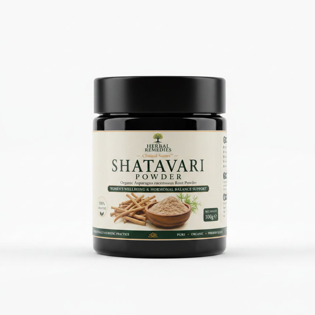 Shatavari powder packaging with branding and product details.