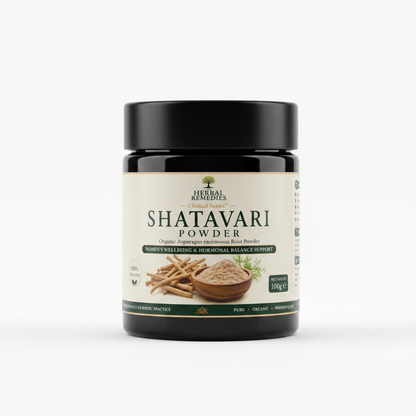 Shatavari powder packaging with branding and product details.