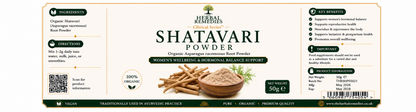 Shatavari powder packaging with branding and product details on a white background