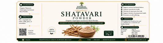 Shatavari powder packaging with branding and product details on a white background