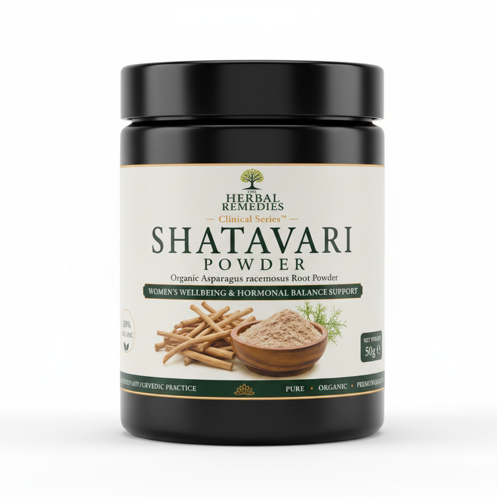 Shatavari powder packaging with branding and product details on a white background