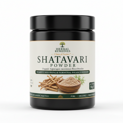 Shatavari powder packaging with branding and product details on a white background