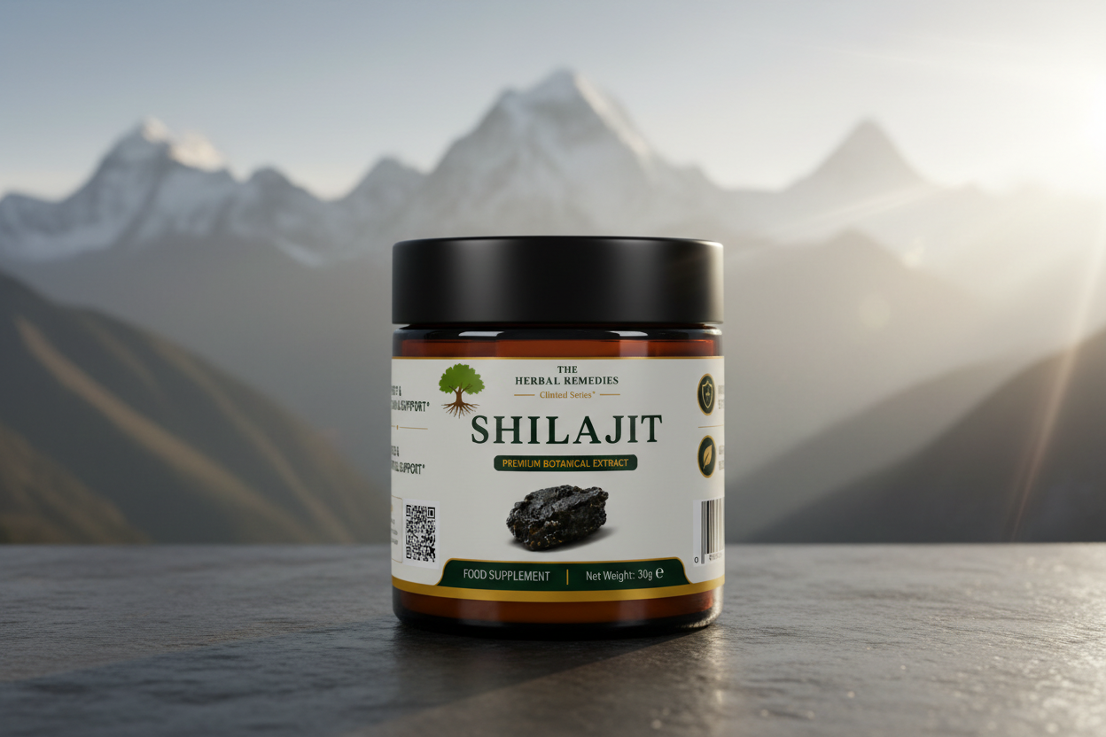 Jar of Shilajit with a mountainous landscape in the background