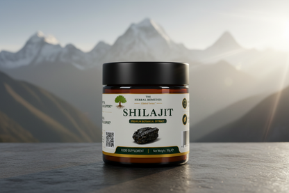 Jar of Shilajit with a mountainous landscape in the background