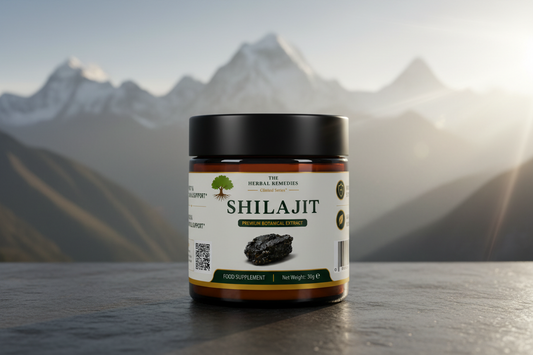 Jar of Shilajit with a mountainous landscape in the background