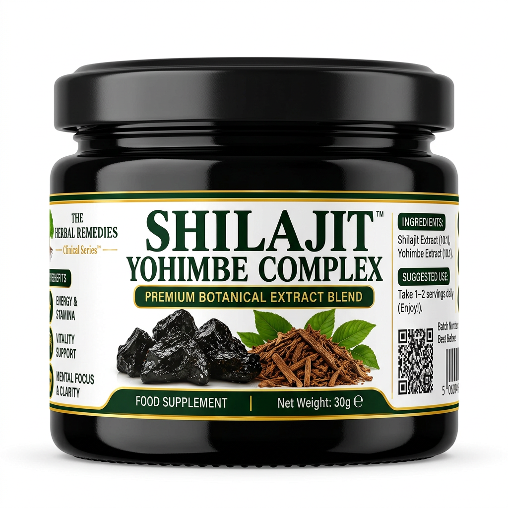The Herbal Remedies Shilajit Premium Botanical Extract Blend supplement package. The packaging features a black background with a prominent green banner at the top, a graphic of dark metallic Shilajit rocks in the center, and a list of key benefits on the left side.