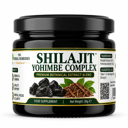 The Herbal Remedies Shilajit Premium Botanical Extract Blend supplement package. The packaging features a black background with a prominent green banner at the top, a graphic of dark metallic Shilajit rocks in the center, and a list of key benefits on the left side.