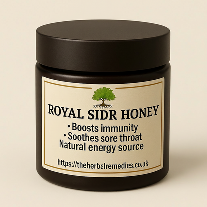 Jar of Royal Sidr Honey with a label on a beige background