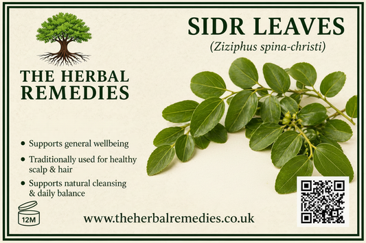 Advertisement for Sidr leaves herbal extract from The Herbal Remedies with text and a QR code.
