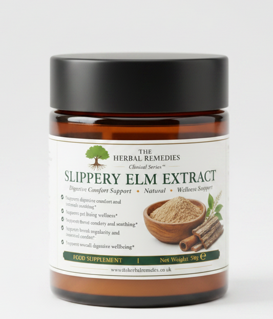 Back and front packaging of Herbal Remedies Slippery Elm Extract, showing product details, ingredients, suggested use, and a barcode on a white background.