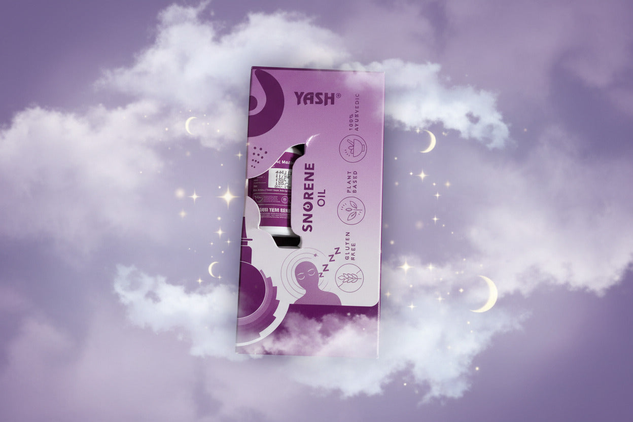 Purple and white box of YASH Snorene Oil on a beige surface