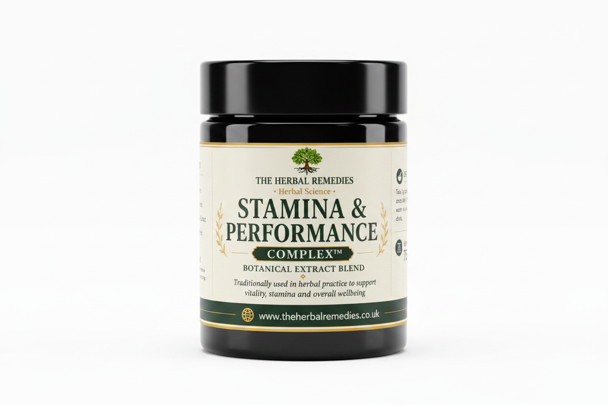 Label for Stamina & Performance Complex blend with ingredients, use, storage, and branding information.