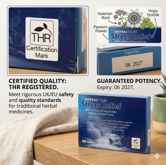 HERBAL STORE Stress Relief herbal supplement packaging with THR certification mark on a wooden surface.