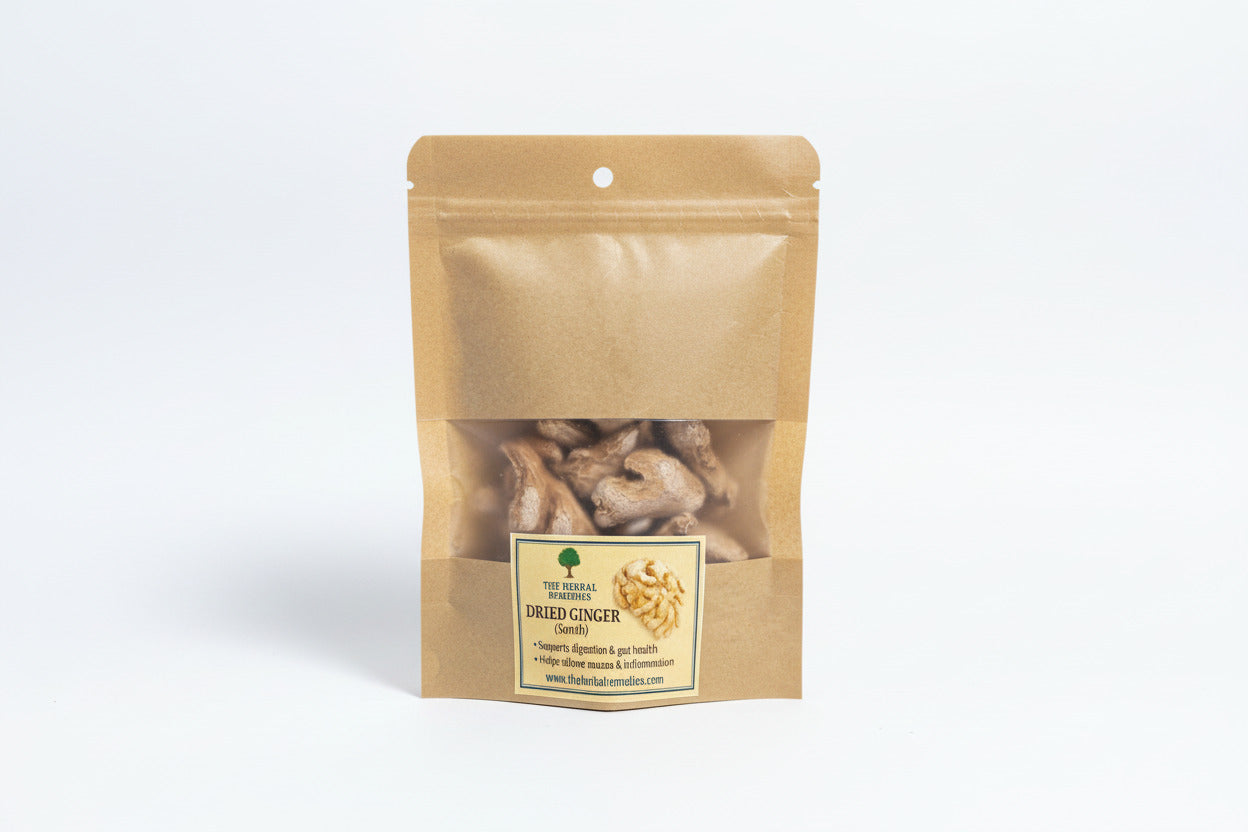 Bag of dried ginger with a label on a neutral background
