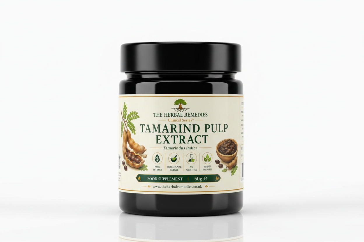 Label of Tamarind Pulp Extract from The Herbal Remedies with images of tamarind pods and a bowl of tamarind seeds.