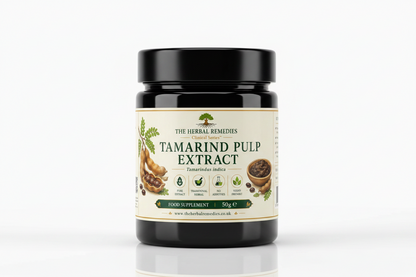 Label of Tamarind Pulp Extract from The Herbal Remedies with images of tamarind pods and a bowl of tamarind seeds.