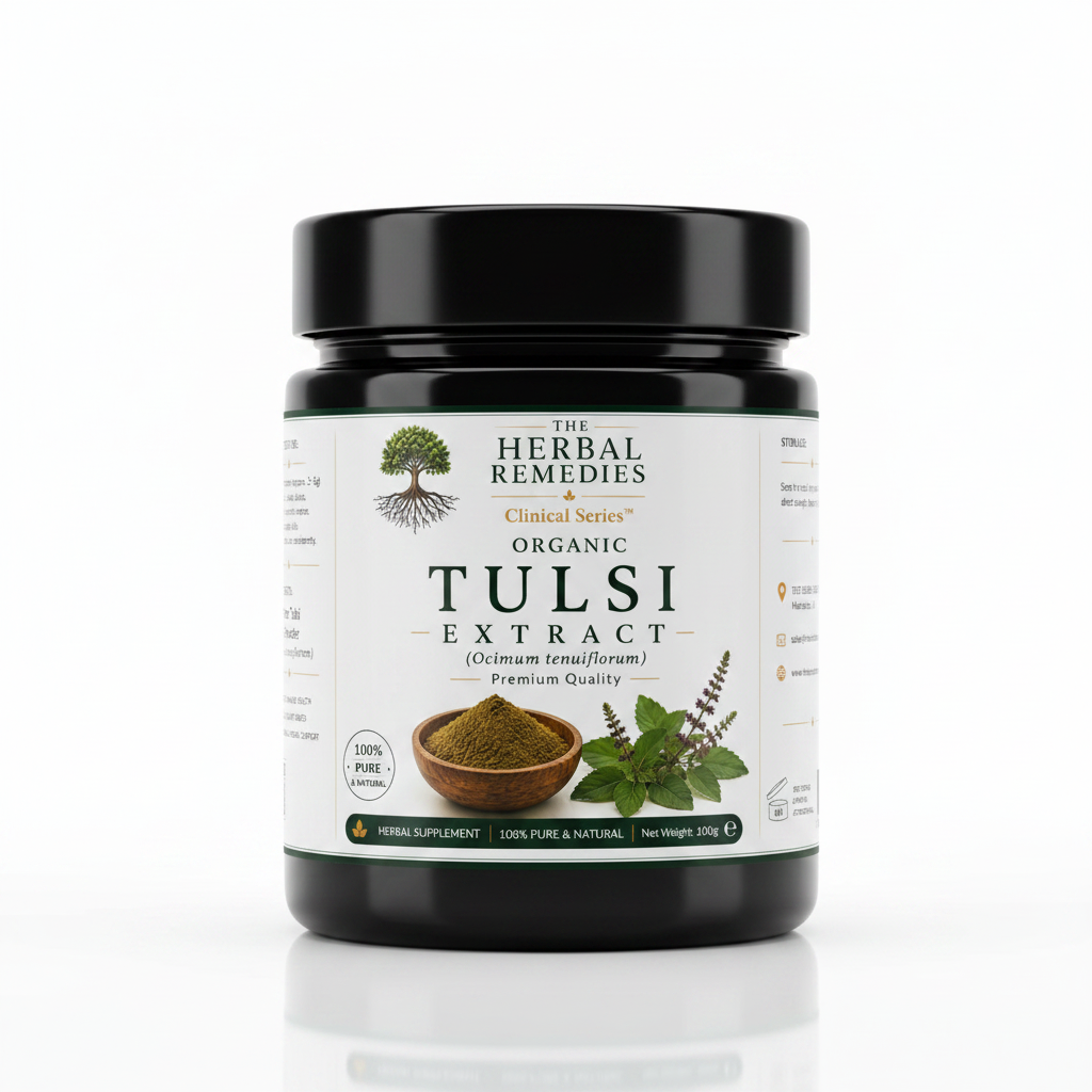 Label of Herbal Remedies Organic Tulsi Extract with ingredients and usage instructions.