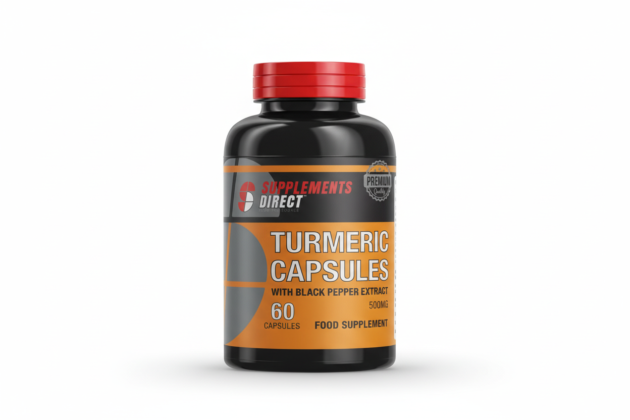 Supplements Direct Turmeric Capsules with Black Pepper Extract bottle on a white background