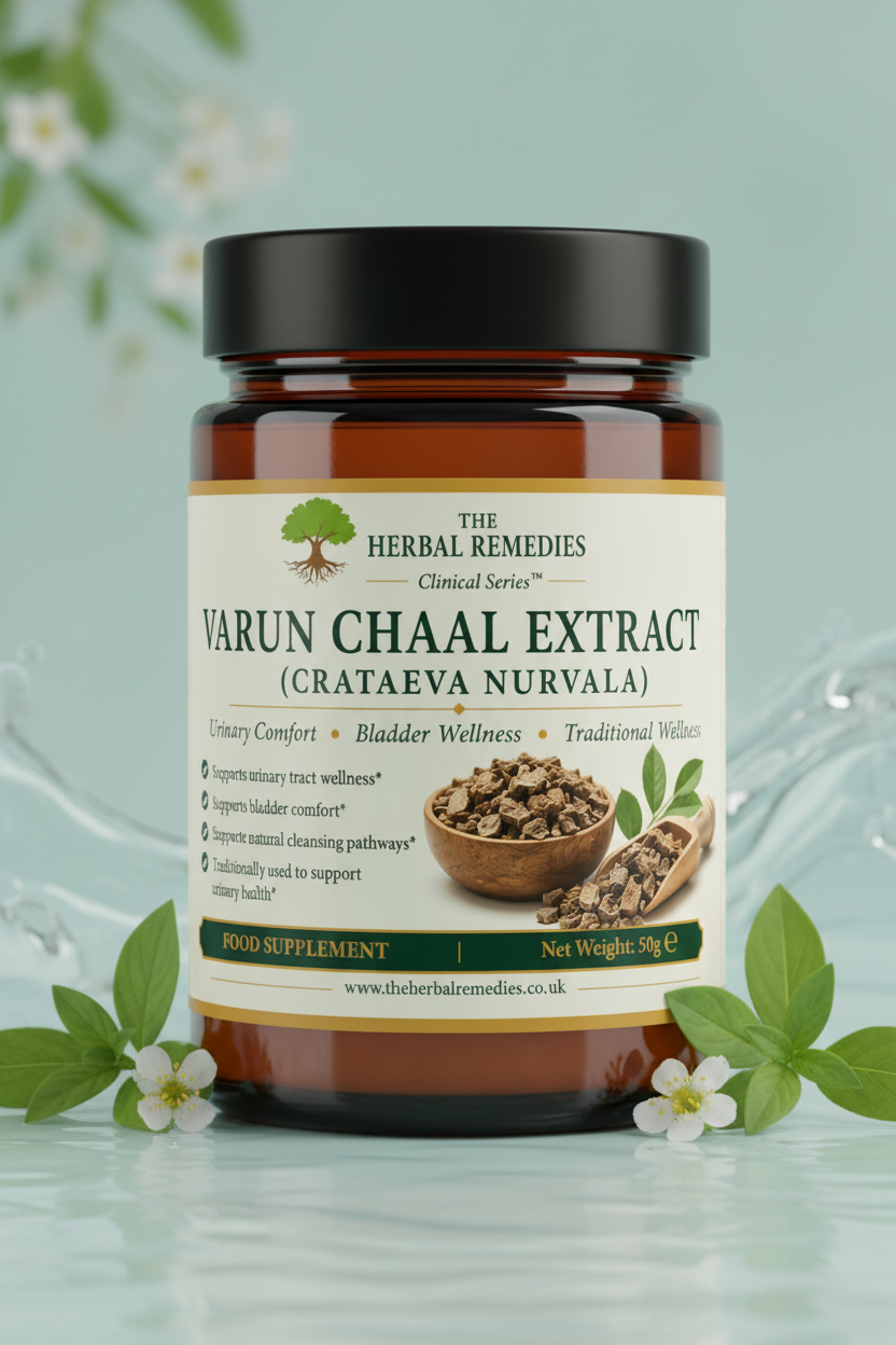 A square product label for Varun Chaal Extract herbal remedy by The Herbal Remedies, featuring a cream background with green and yellow text, a QR code, a bowl of loose herbs, and a wooden spoon.