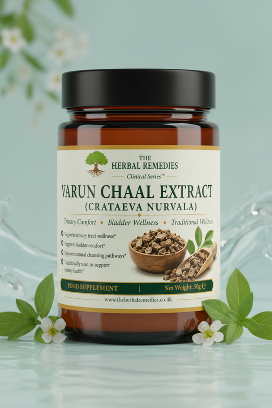 A square product label for Varun Chaal Extract herbal remedy by The Herbal Remedies, featuring a cream background with green and yellow text, a QR code, a bowl of loose herbs, and a wooden spoon.