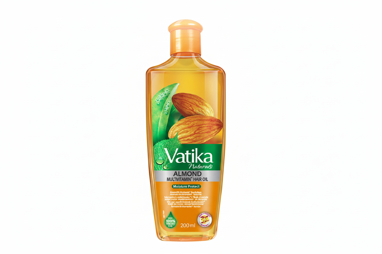 Vatika Naturals Almond Multivitamin Hair Oil bottle on a white background