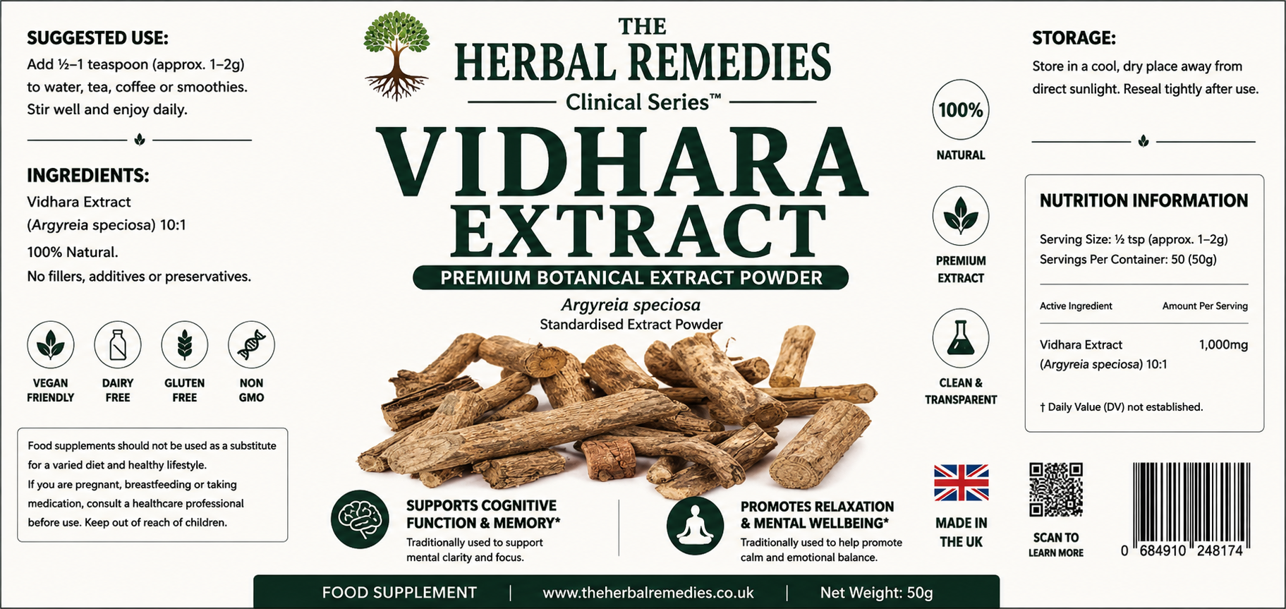 Label of Vidhara Extract from The Herbal Remedies Clinical Series with ingredients and nutritional information.