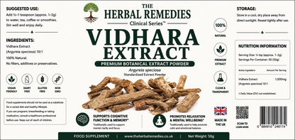 Label of Vidhara Extract from The Herbal Remedies Clinical Series with ingredients and nutritional information.