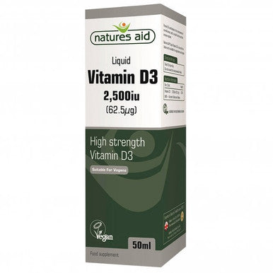 Box of Natures Aid Liquid Vitamin D3 with 2500iu strength, labeled as vegan and gluten-free, in a 50ml size.