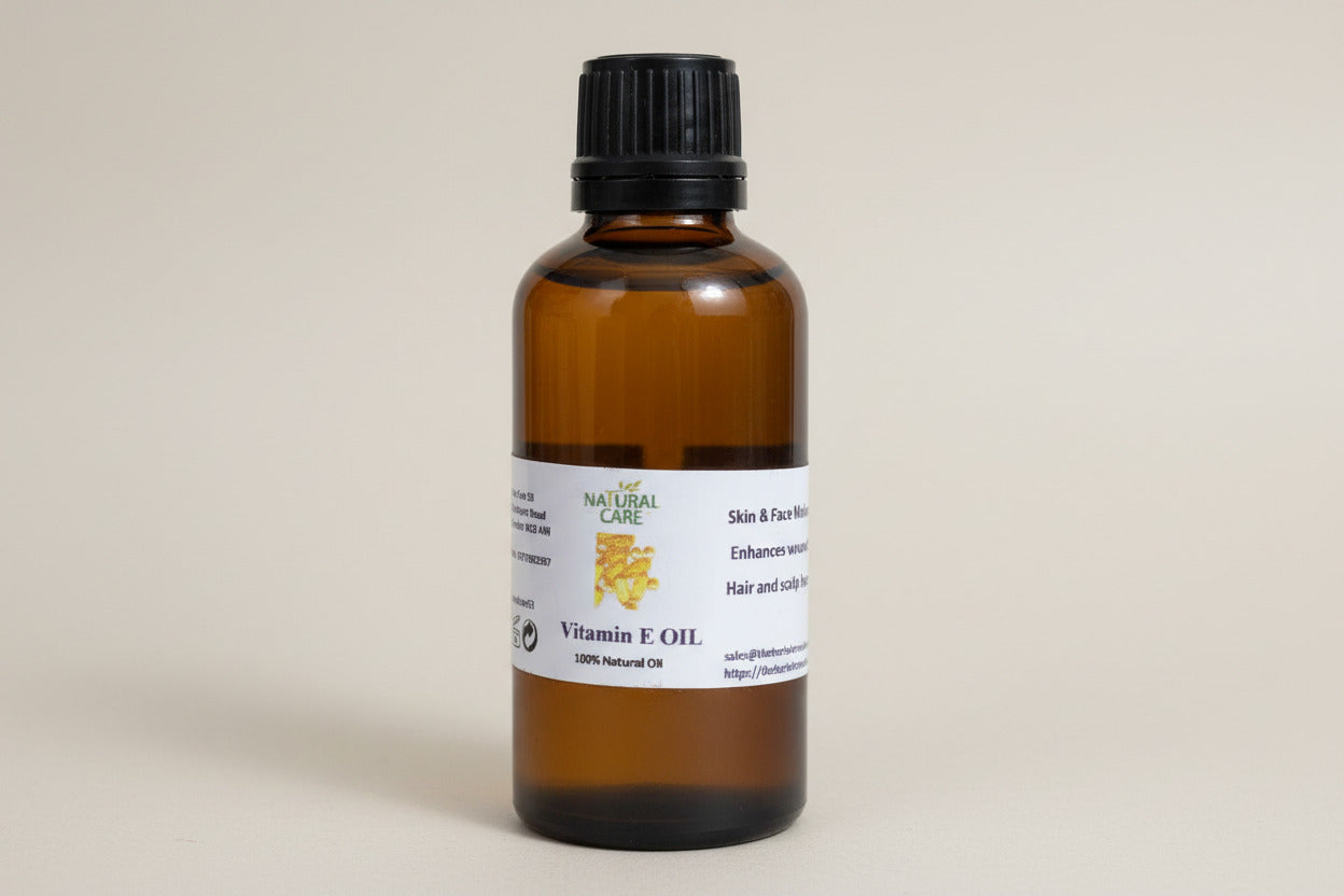 Vitamin E oil 30ml with a label on a beige background