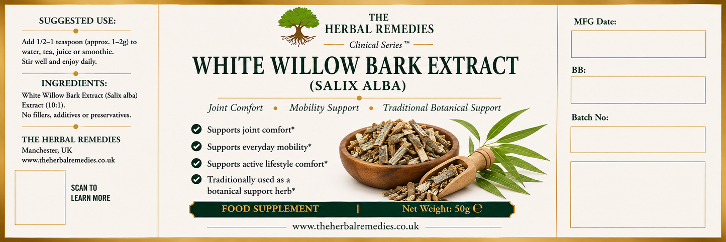 A product information card for 'The Herbal Remedies' White Willow Bark Extract (Salix Alba). The card features a black background with green and white text, a small illustration of a tree, a bowl of dried bark, and green willow branches, alongside fields for suggested use, ingredients, and order details.