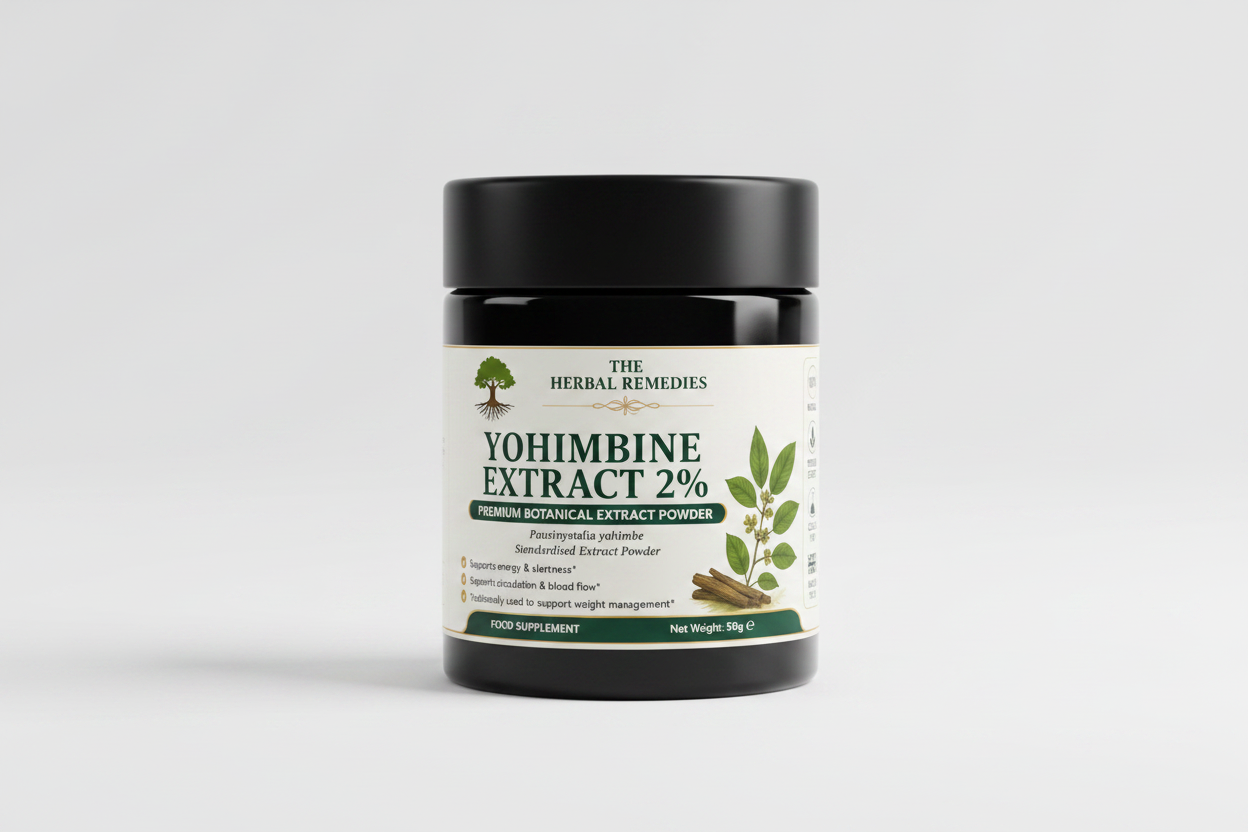 Yohimbine Extract 2% label with botanical illustration on a white background
