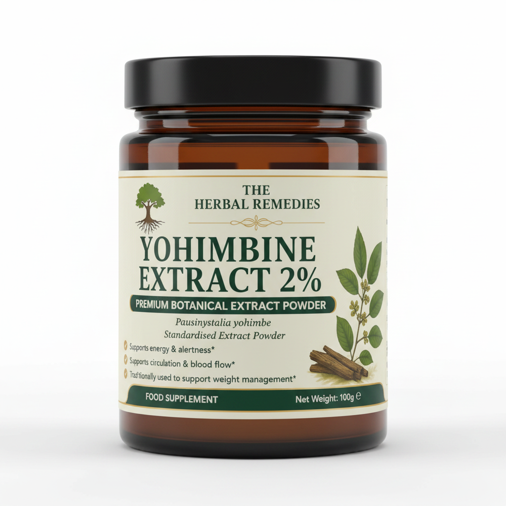 Yohimbine Extract 2% label with botanical illustration on a white background